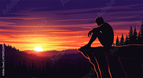 Tableau sur toile A solitary figure sits silhouetted on a cliff edge, gazing at a vibrant sunset over a forest landscape