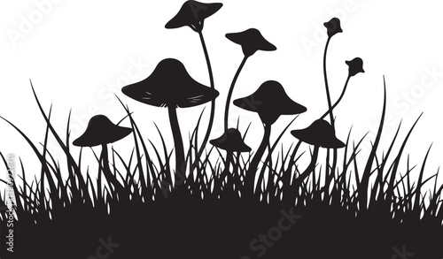 Black silhouette mushrooms and grass on white background