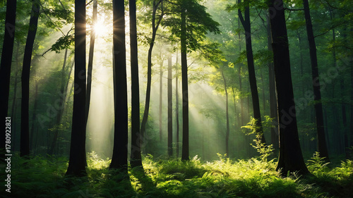Tall trunks and soft forest light composition