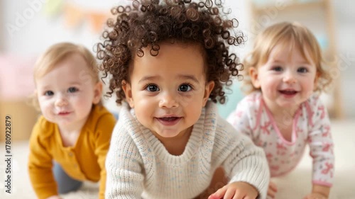 close-up of three toddlers crawling forward and smiling indoors