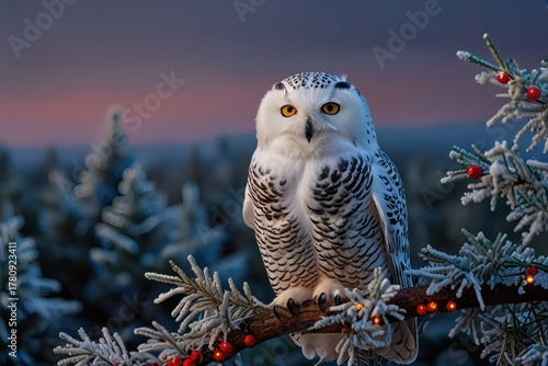A majestic snowy owl perched on a frosted pine branch with red berries and bokeh lights at dusk