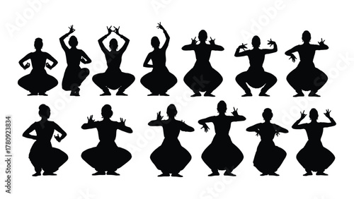 Indian classical dance silhouettes isolated on transparent background, Vector