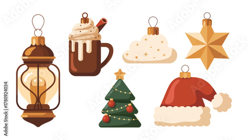 Festive Ornaments: A charming array of festive ornaments captures the essence of the holiday season, each meticulously designed to bring joy and sparkle. From a vintage lantern to a Santa hat.