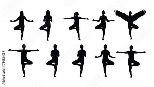 Yoga tree pose silhouettes collection isolated on transparent background, Vector
