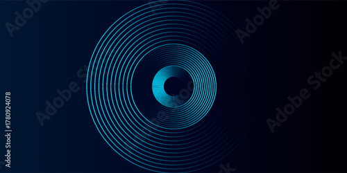 Blue abstract background with glowing circles. Swirl circular lines pattern. Geometric spiral. Twirl element. Modern graphic design. Futuristic technology concept.