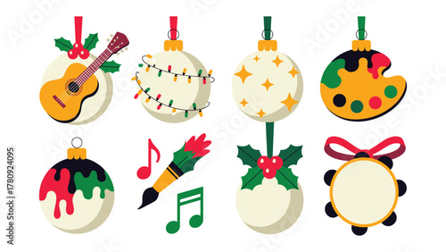 Festive Artful Christmas Ornaments: A collection of charming Christmas ornaments adorned with artistic themes, including a guitar, colorful lights, painter's palette, musical notes, paintbrush.