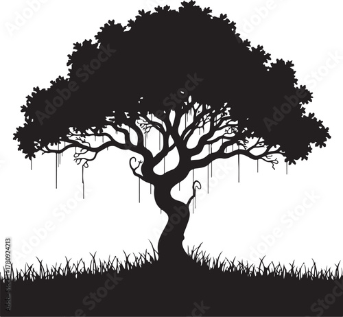 Black silhouette of a banyan tree with hanging roots and grass