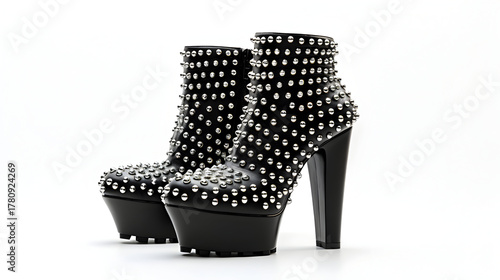 Bold black platform boots with metallic studs and chunky heels offer a fierce, edgy style for fashion-forward individuals seeking confident and rebellious looks