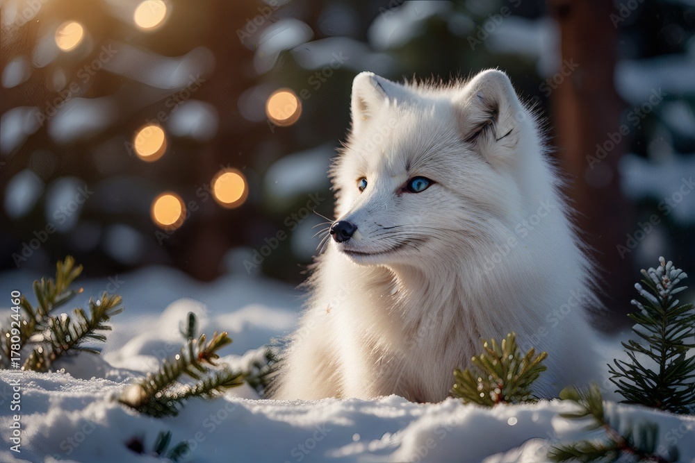 Naklejka premium An adorable arctic fox with striking blue eyes sits in the snow, surrounded by festive bokeh lights