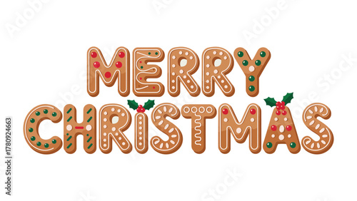 Gingerbread Christmas Greeting: A festive Merry Christmas message artfully crafted with gingerbread cookies, adorned with icing and holly, a sweet and delicious holiday sentiment.