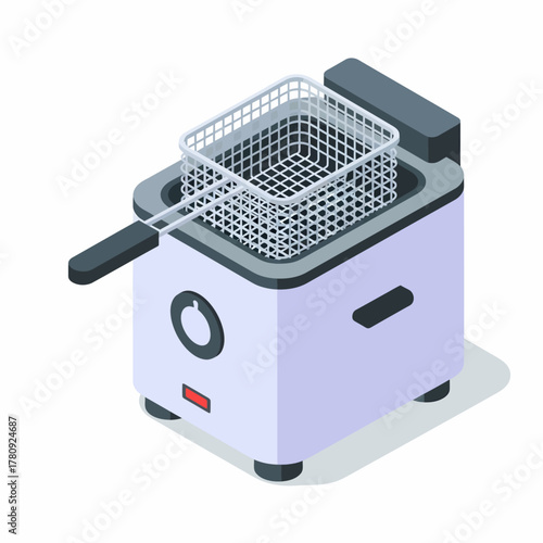 Isometric vector illustration of a modern electric deep fryer appliance with a wire basket, isolated on a white background for kitchen and cooking design concepts