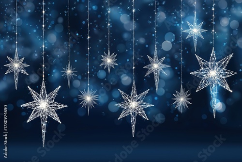 White stars on strings with star-shaped polygonal designs over blue night sky. Glowing lights with glitter sparkles create festive atmosphere. Perfect for Christmas cards and holiday designs.