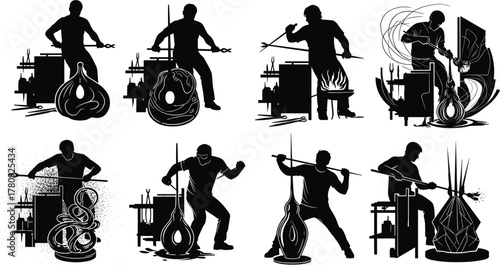 Silhouette vector illustration of glassblowing artisans shaping molten glass, using tools, working near furnace, craftsmanship, safety, teamwork, labor, tradition, and industry