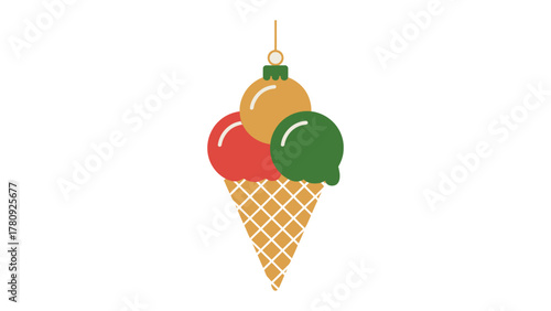 Holiday Ice Cream Ornament: A festive illustration of a unique ice cream cone ornament, combining the joyful spirit of the holidays with a delicious treat.