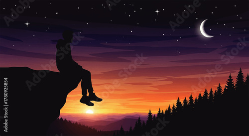 Silhouette of a person sitting on a cliff edge, contemplating the sunset and starry night sky with a crescent moon.