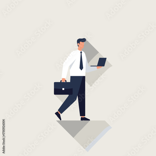 A businessman walking with a laptop and briefcase, working on the go, in a modern style