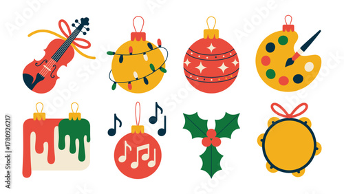 Christmas Ornament Illustration:  A collection of festive and artistic Christmas ornaments, each adorned with unique designs and symbols of the season, evoke warmth and joy.
