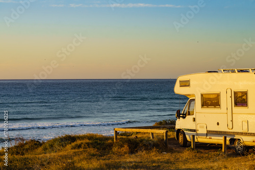 Camper rv camping on sea shore, Spain