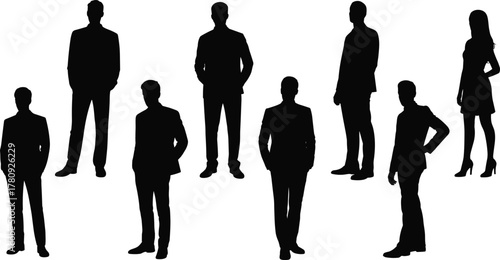 Silhouette group of business professionals standing in various poses, teamwork and leadership concept in black and white illustration