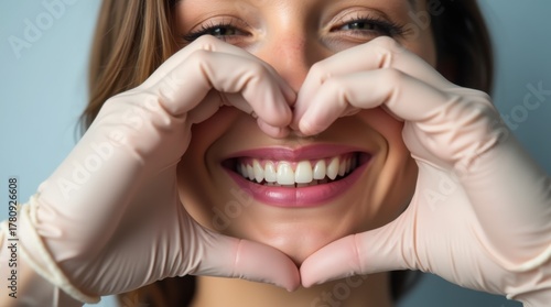 Smiling woman with heart-hands around tooth, gloved hands 