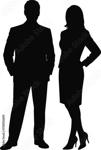 Silhouette of two business professionals standing confidently, man and woman in formal attire symbolizing leadership, teamwork, and success