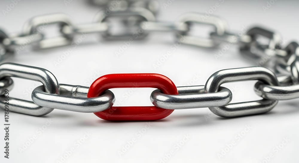Fototapeta premium Metal chain links with one red link indicating strength and unity