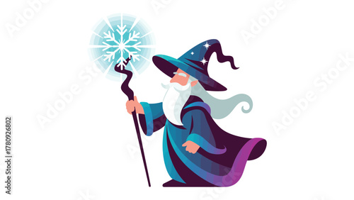 Wizard with Snowflake Spell: A wise wizard, with long white beard and a pointed hat, conjures a magical snowflake with his staff, in a captivating illustration.