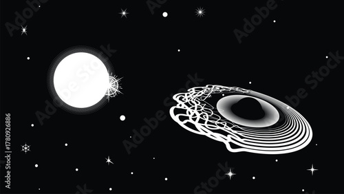 Black hole with disc of plasma eating dying star in space. Supermassive singularity in core off a galaxy, with lines . Event horizon .Vector illustration