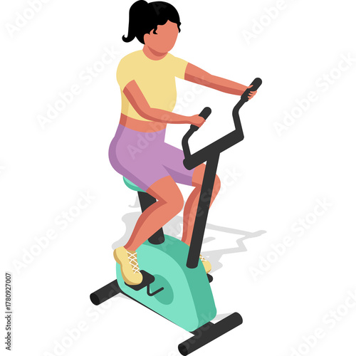 Woman Exercising on Stationary Bicycle in Flat Graphic Design Style with Pastel Colors and Transparent Background