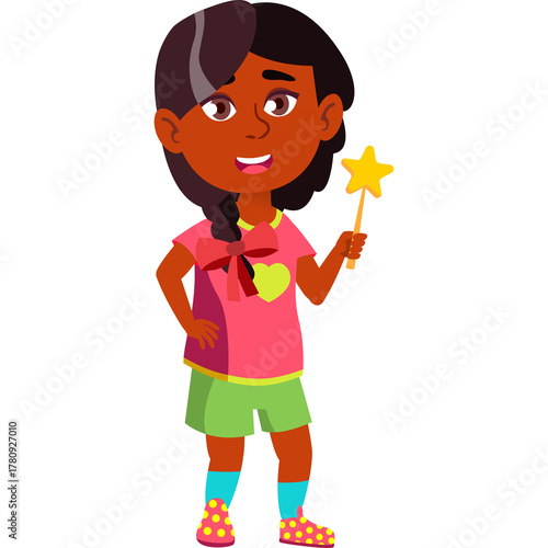 Young Girl With Brown Skin And Braids Holding A Star Wand In A Pink Shirt And Green Shorts With Colorful Socks