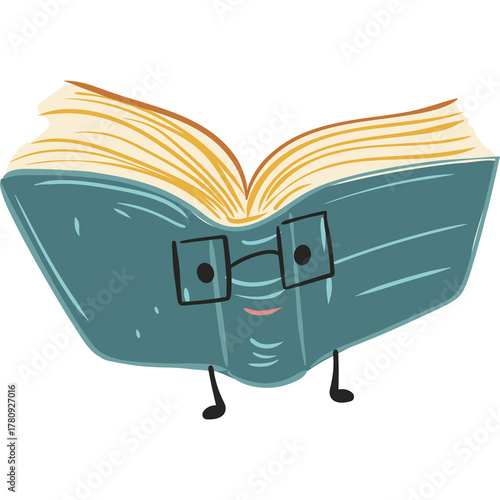 Whimsical Teal Open Book Character With Glasses Standing With Legs And Arms Wearing A Light Orange Cover With Yellow Pages And A Light Teal Spine Isolated On A White Background