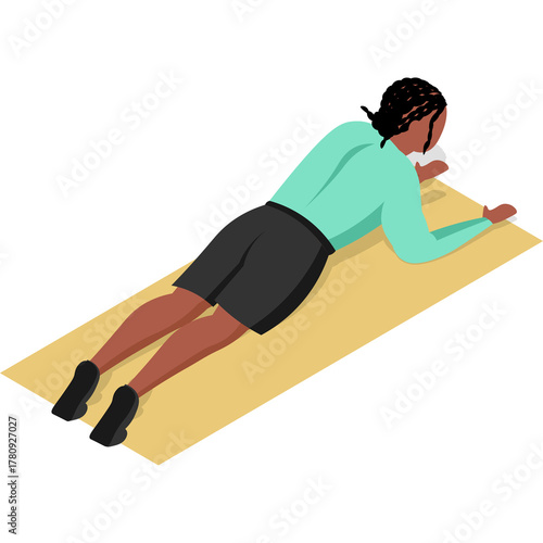 Woman Performing A Plank Exercise On A Yellow Yoga Mat In A Light Blue Athletic Top And Black Shorts, Isometric View With White Background