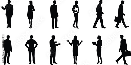 Silhouettes of business people standing and walking, professional men and women in office attire representing teamwork, success, and communication