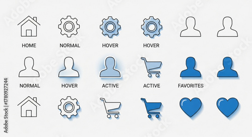 Icon set with home, gear, user, cart, heart icons