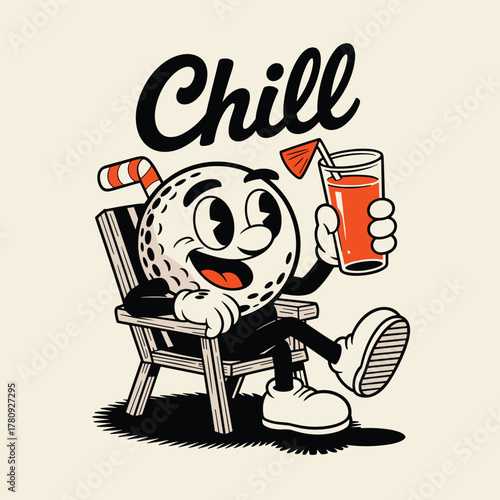Chill Golf Ball Character Sitting with Drink Vector Illustration