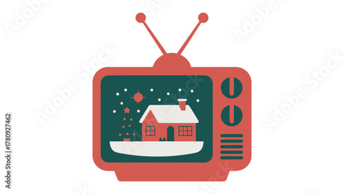 Television Broadcast: A vintage television displays a cozy winter scene, evoking a sense of warmth and nostalgia. The image on the screen depicts a charming house under a starlit snowy sky.