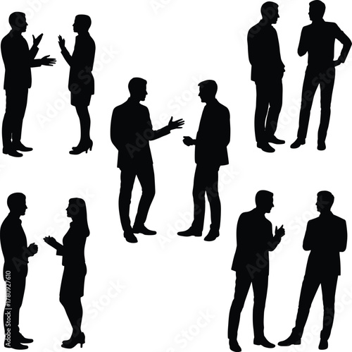 Silhouettes of business people talking, teamwork communication, collaboration, leadership, meeting, corporate discussion, professional conversation, office vector illustration