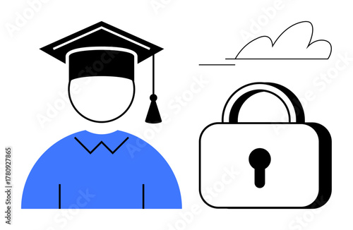 Graduate with academic cap alongside a closed padlock, representing education, privacy, and secure access. Ideal for learning, data security, protection, anonymity, online courses graduation