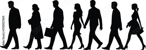 Silhouettes of business people walking forward, teamwork and success concept, corporate lifestyle, business growth and collaboration on white background