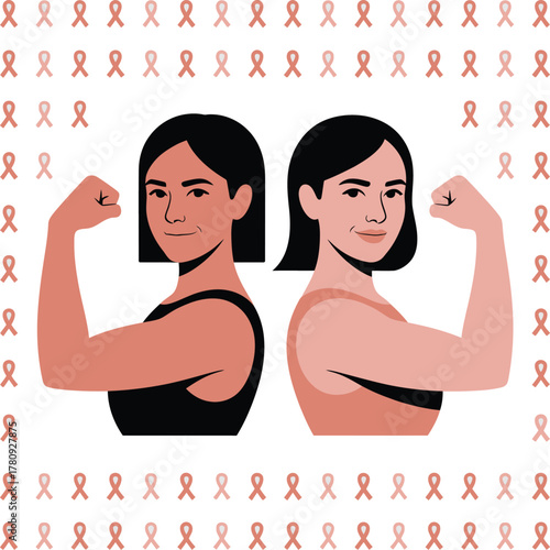 Empowered women flexing biceps, breast cancer awareness