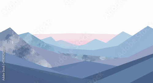 A serene and minimalist abstract landscape illustration featuring layered blue and purple mountain ranges under a soft pastel sky, evoking tranquility and natural beauty.
