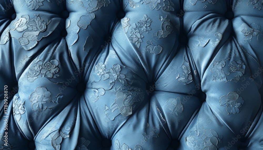 Naklejka premium Luxurious Blue Tufted Fabric Texture with Brocade Floral Pattern Close-up Background_2