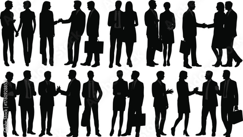 Silhouettes of business professionals shaking hands, teamwork and communication concept, corporate partnership and collaboration illustration in black and white