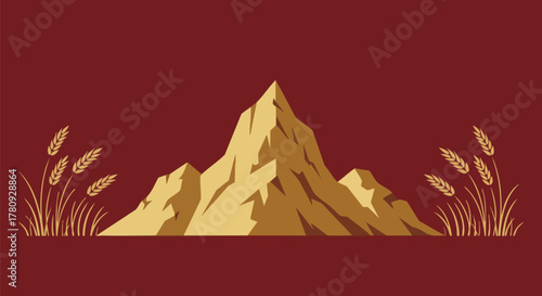 A majestic golden mountain range stands prominently against a deep red background, flanked by elegant, stylized wheat stalks, symbolizing nature's bounty and enduring strength.