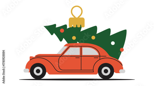 Festive Getaway: A vintage automobile adorned with a Christmas tree on its roof, embodying the spirit of holiday travel and seasonal joy.
