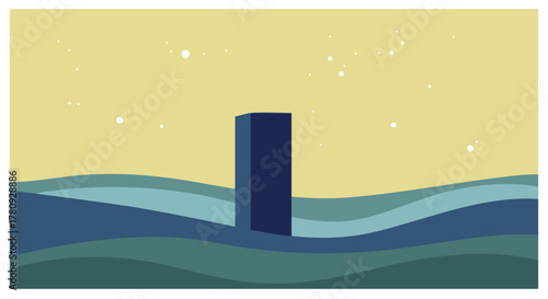 A mysterious dark monolith stands tall amidst a serene, wavy blue landscape under a starry, pale yellow sky, conveying solitude and wonder.