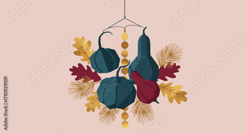 A beautifully illustrated autumn mobile featuring colorful gourds and decorative fall leaves, perfect for harvest season celebrations and cozy home decor.