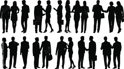Silhouettes of business professionals shaking hands, teamwork and communication concept, corporate partnership and collaboration illustration in black and white