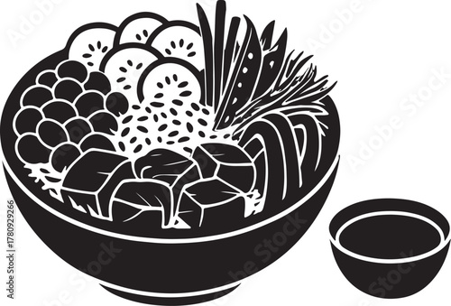  Salmon poke bowl with rice, edamame beans, cucumber, radish, mange tout, spring onion, bell peppers and a soy dipping sauce silhouette vector