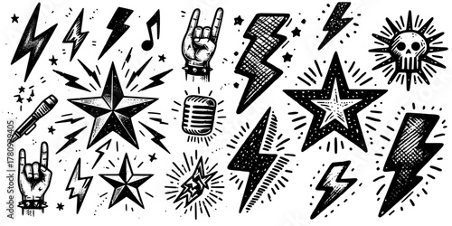 Star of Sound: A Punk-Pop Manifesto, A tattoo-style collage of music elements, evoking sound, chaos, and attitude